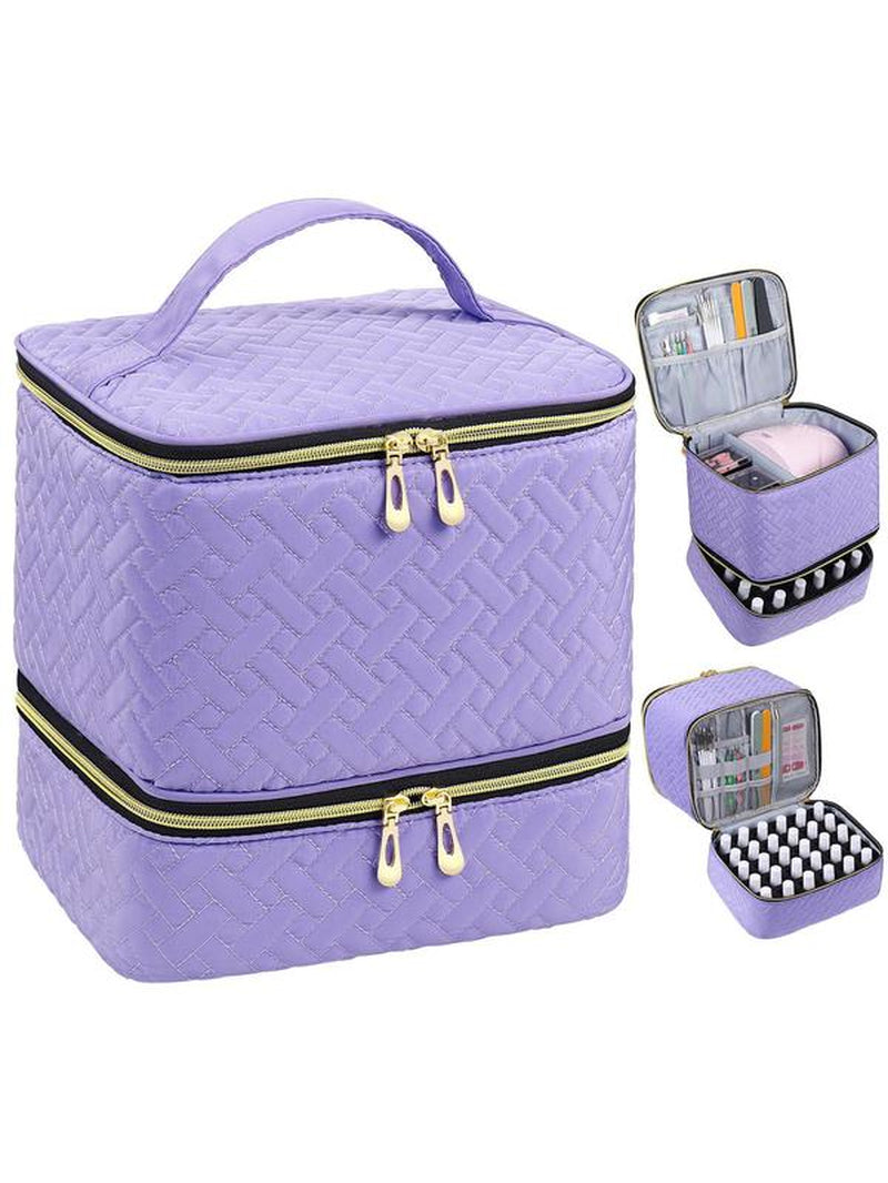 Double Layer Quilted Nail Polish Storage Bag, Portable Nail Art Organizer, Cosmetic Storage Zipper Makeup Organizer Pouch Multifunctional Bag for Women & Girls (Bag Only)