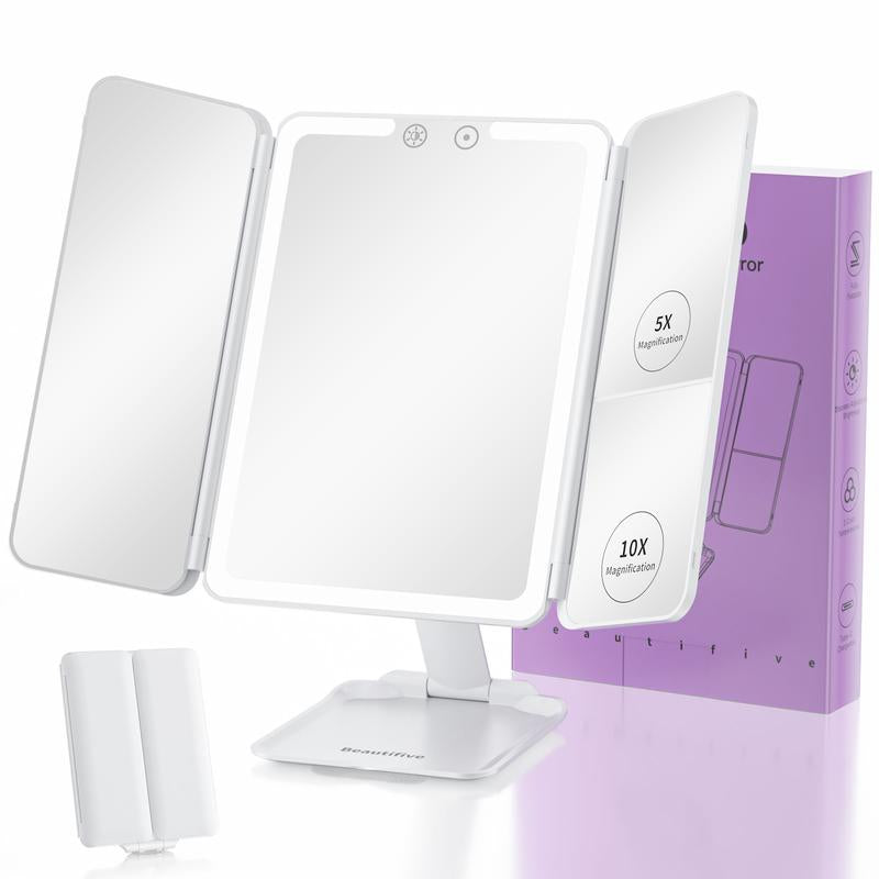 Tri-Fold Travel Makeup Mirror with 48 LED Lights, 1X/5X/10X Rechargeable Vanity Mirror with Light, Portable Magnifying Mirror with Light, Stepless Dimming and Touch Control Table Mirror, Christmas Gift for Women