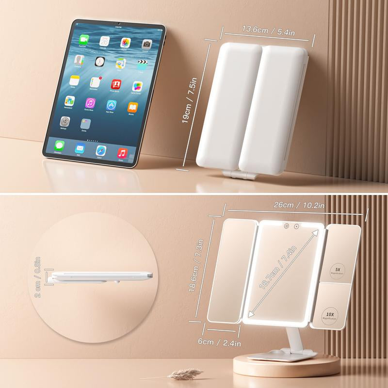 Tri-Fold Travel Makeup Mirror with 48 LED Lights, 1X/5X/10X Rechargeable Vanity Mirror with Light, Portable Magnifying Mirror with Light, Stepless Dimming and Touch Control Table Mirror, Christmas Gift for Women
