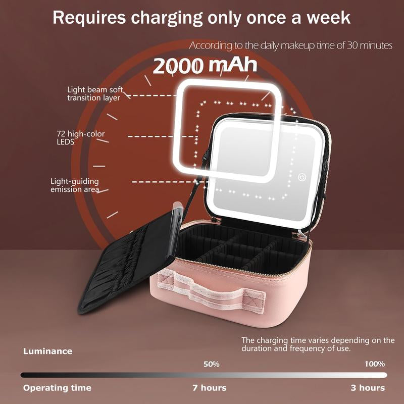 Makeup Bag with Mirror and Light Travel Makeup Train Case Cosmetic Bag Organizer Portable Artist Storage Bag with Adjustable Dividers Makeup Brushes Storage Organizer