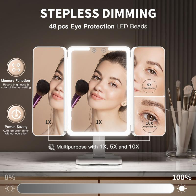 Tri-Fold Travel Makeup Mirror with 48 LED Lights, 1X/5X/10X Rechargeable Vanity Mirror with Light, Portable Magnifying Mirror with Light, Stepless Dimming and Touch Control Table Mirror, Christmas Gift for Women