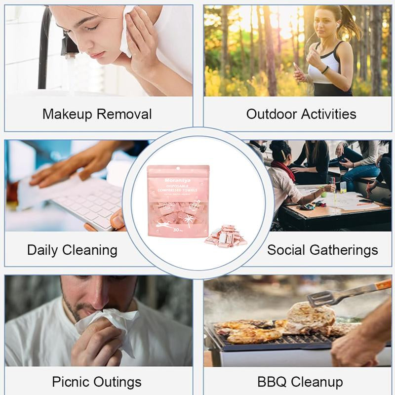 Disposable Compressed Towel Tablets 30Pcs Portable Compact Face Towels Suitable for Home Use Camping Hiking Travel Picnics and Gym Workouts Ideal for On-The-Go Hand Cleansing Facial Cleansing and Makeup Removal