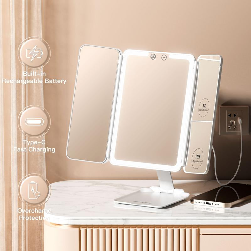 Tri-Fold Travel Makeup Mirror with 48 LED Lights, 1X/5X/10X Rechargeable Vanity Mirror with Light, Portable Magnifying Mirror with Light, Stepless Dimming and Touch Control Table Mirror, Christmas Gift for Women