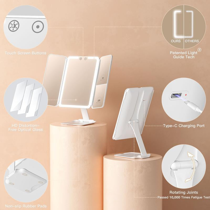 Tri-Fold Travel Makeup Mirror with 48 LED Lights, 1X/5X/10X Rechargeable Vanity Mirror with Light, Portable Magnifying Mirror with Light, Stepless Dimming and Touch Control Table Mirror, Christmas Gift for Women