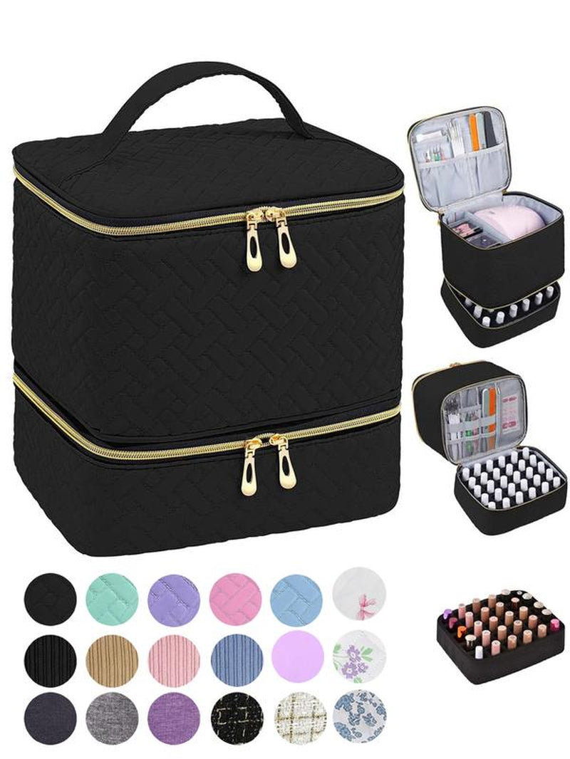 Double Layer Quilted Nail Polish Storage Bag, Portable Nail Art Organizer, Cosmetic Storage Zipper Makeup Organizer Pouch Multifunctional Bag for Women & Girls (Bag Only)