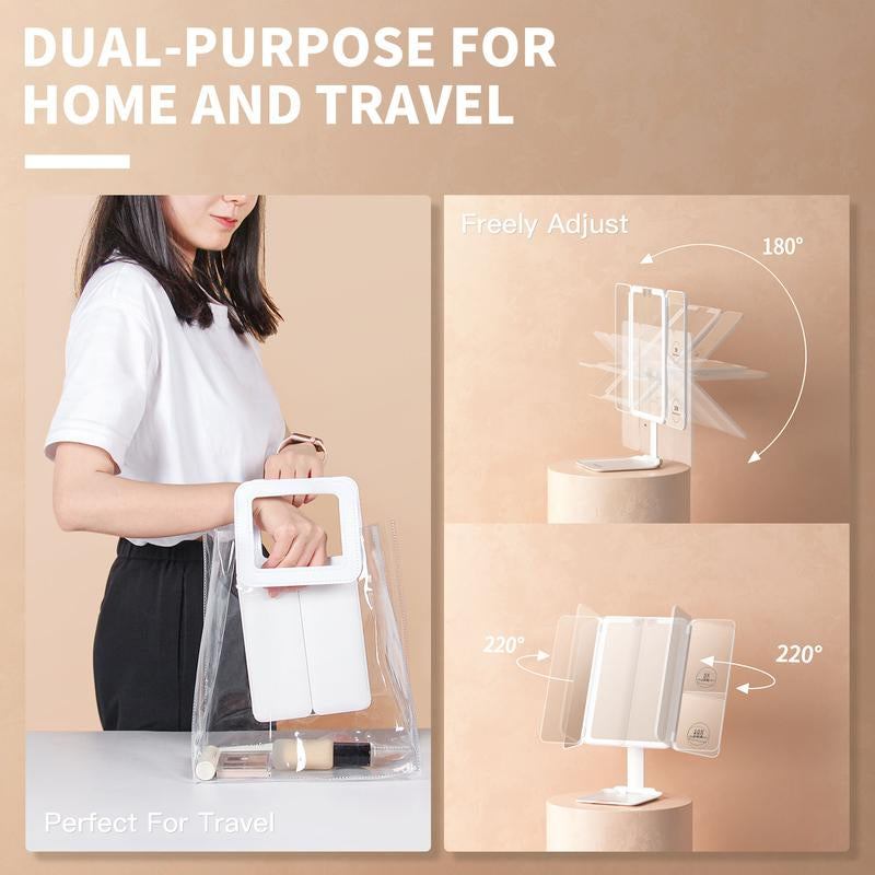 Tri-Fold Travel Makeup Mirror with 48 LED Lights, 1X/5X/10X Rechargeable Vanity Mirror with Light, Portable Magnifying Mirror with Light, Stepless Dimming and Touch Control Table Mirror, Christmas Gift for Women