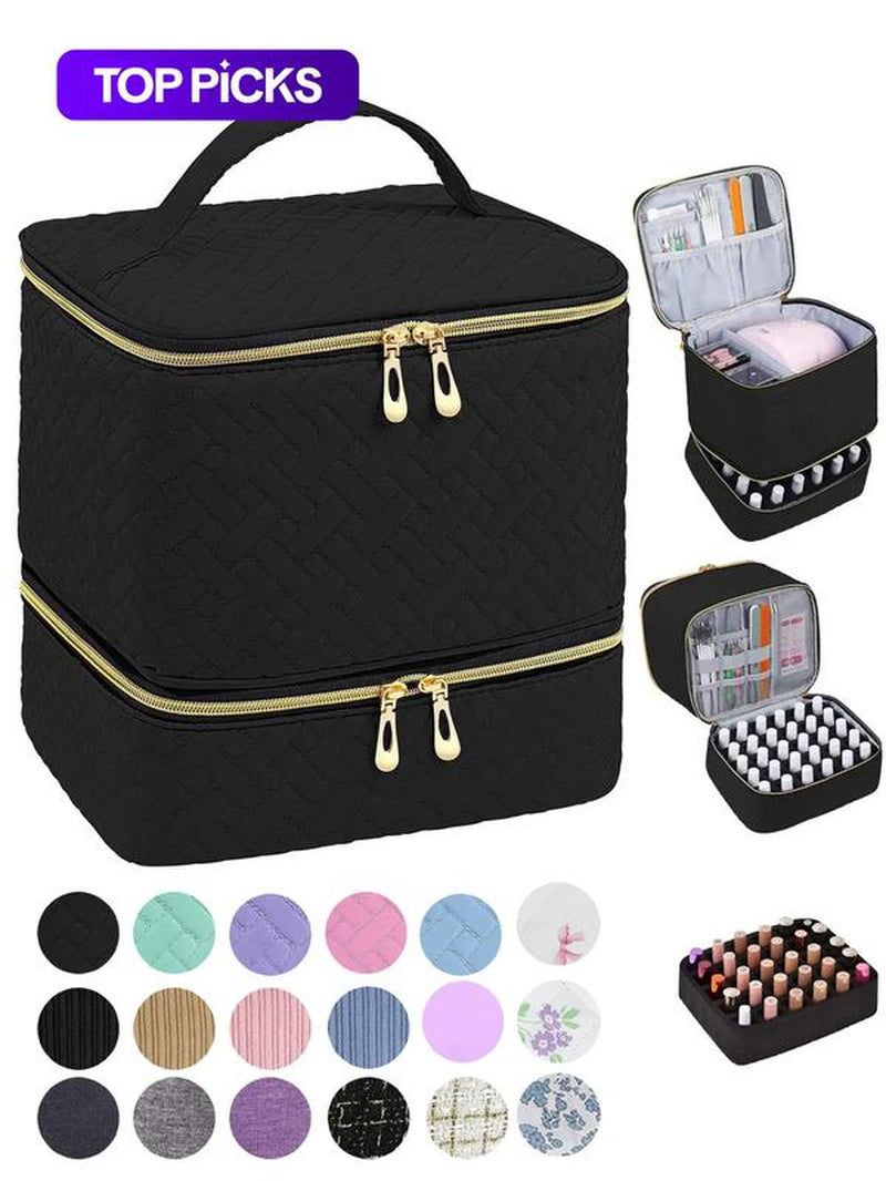 Double Layer Quilted Nail Polish Storage Bag, Portable Nail Art Organizer, Cosmetic Storage Zipper Makeup Organizer Pouch Multifunctional Bag for Women & Girls (Bag Only)